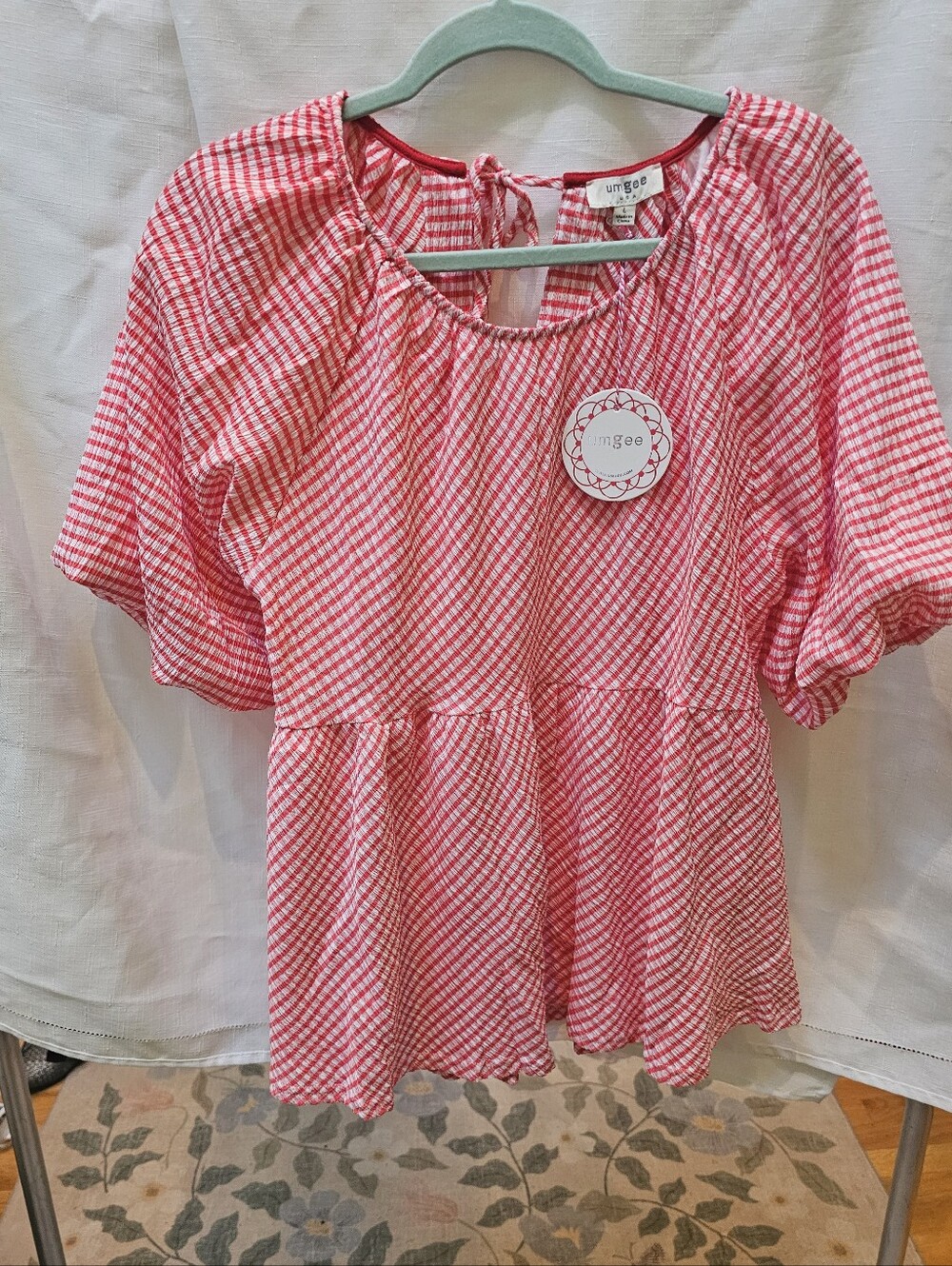 Umgee Red Pink White Gingham Peplum Blouse NWT HOLIDAY BLOUSE!!